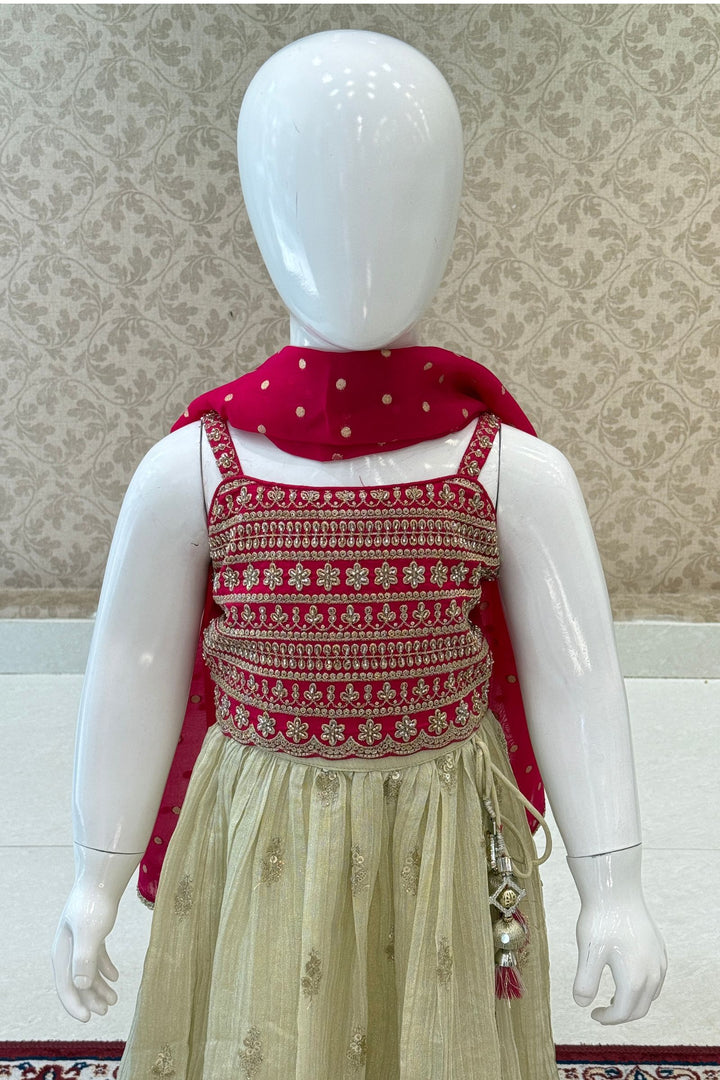 Rani Pink with Cream Sequins, Beads and Zari work Lehenga Choli for Girls