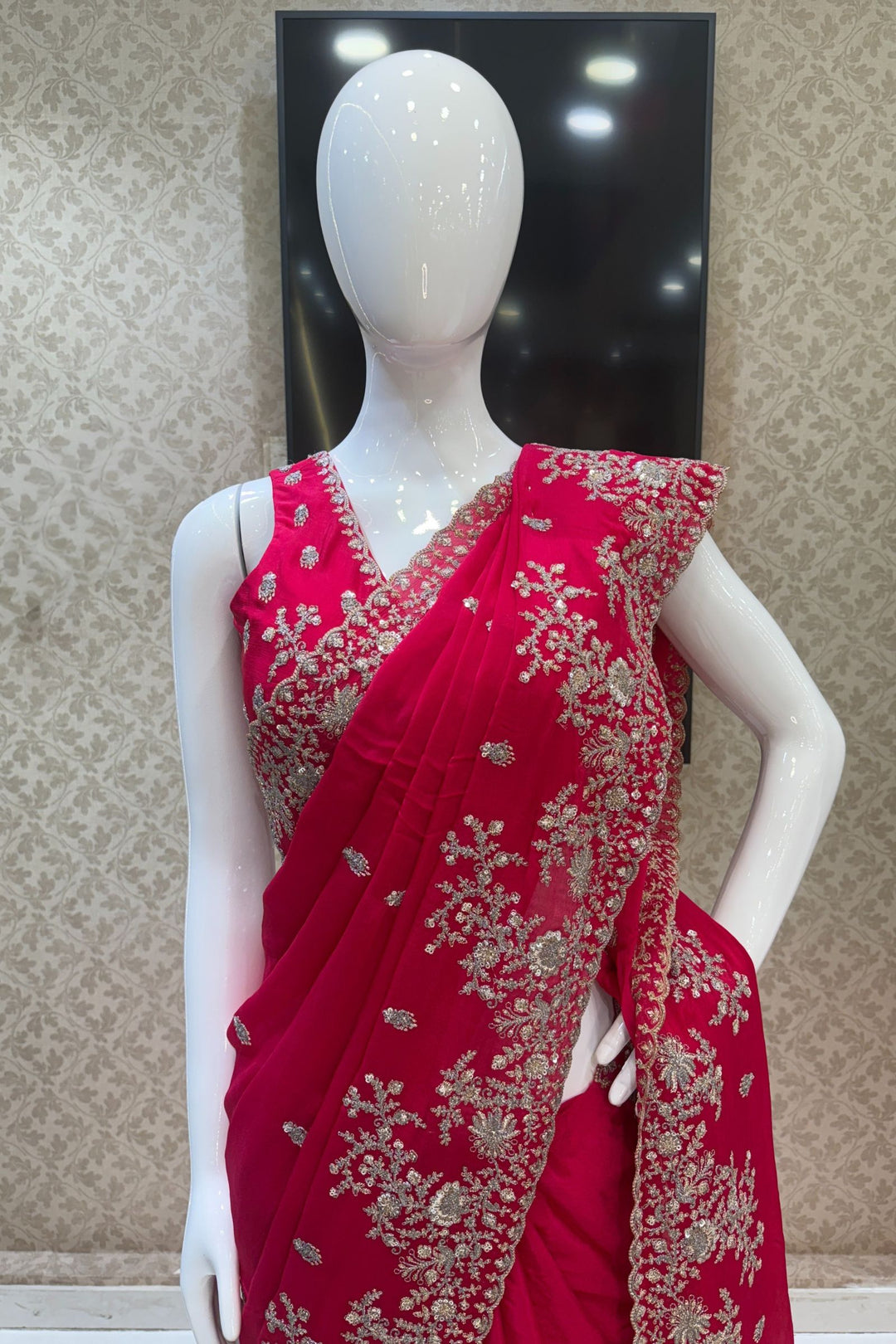 Rani Pink Zari and Sequins work Saree