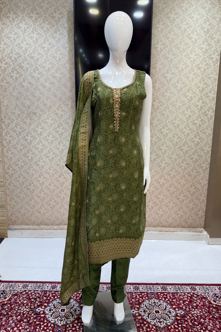 Mehendi Green Zari Weaving and Banaras work with Bandini Print Straight Cut Salwar Suit