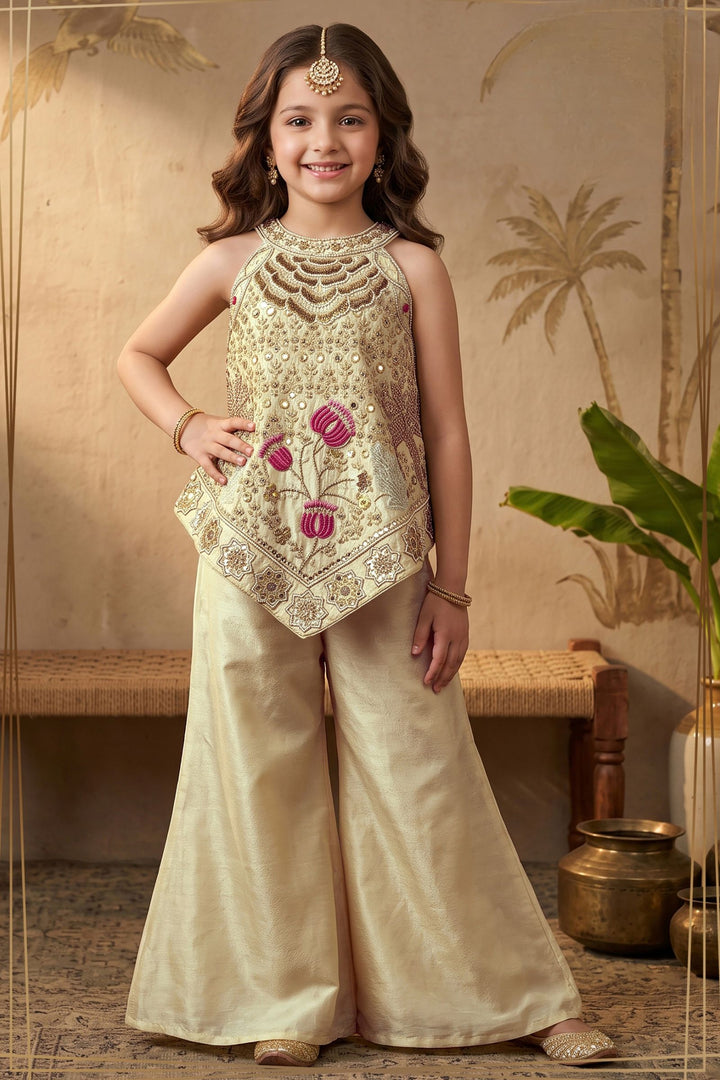 Beige Beads, Zari and Sequins work Palazzo Suit Set for Girls