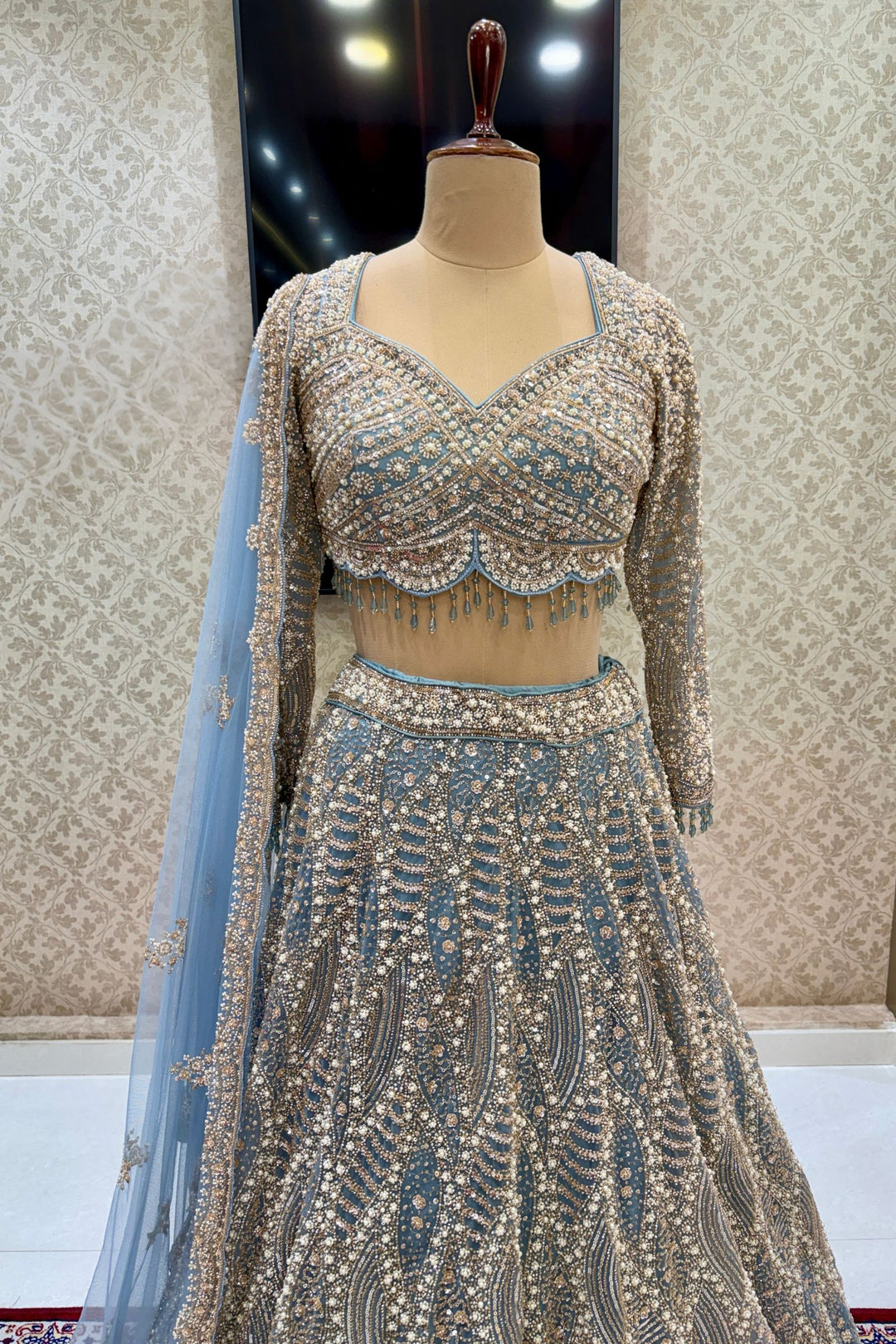 Sea Blue Bridal Lehenga with Intricate Beads, Pearl and Sequins Work
