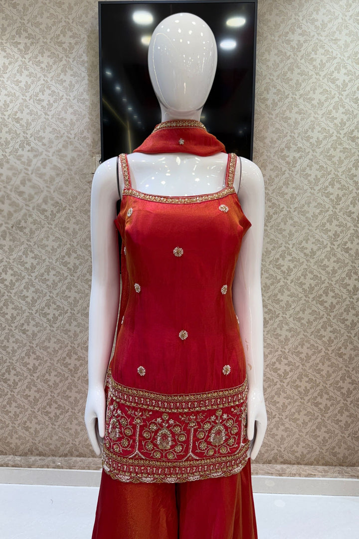 Tomato Red Beads, Sequins and Zari work Palazzo Salwar Suit