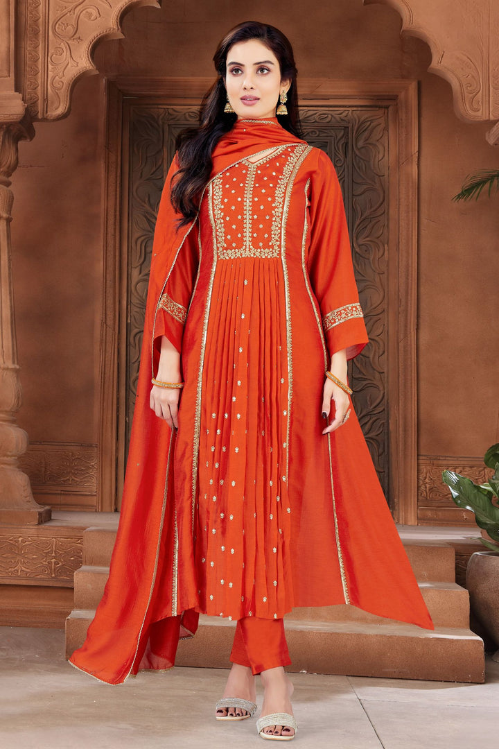Orange Sequins, Zari and Beads work A-line Cut Salwar Suit