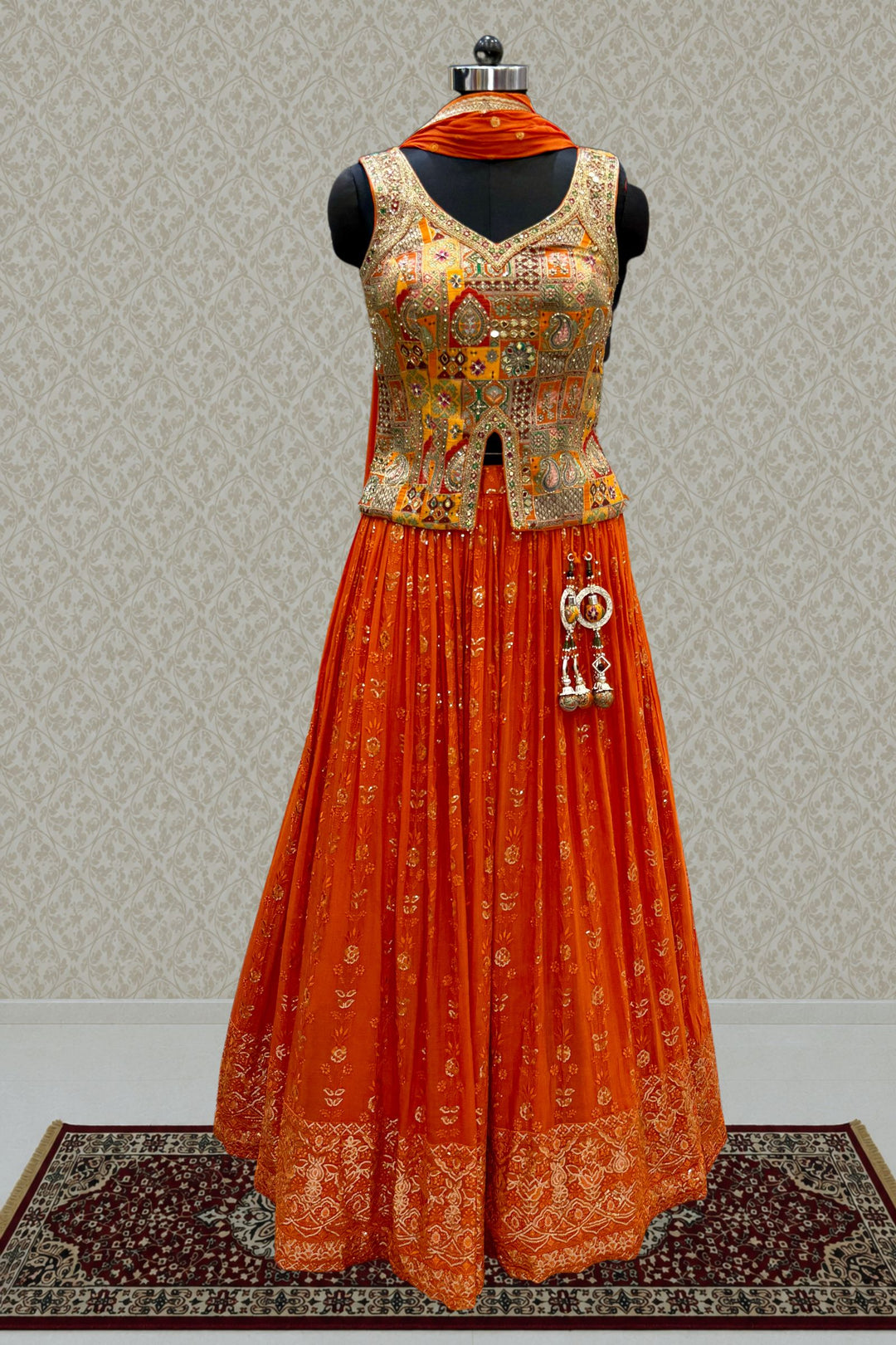 Orange Zardozi, Beads, Mirror, Stone, Zari and Beads work Peplum Style Lehenga