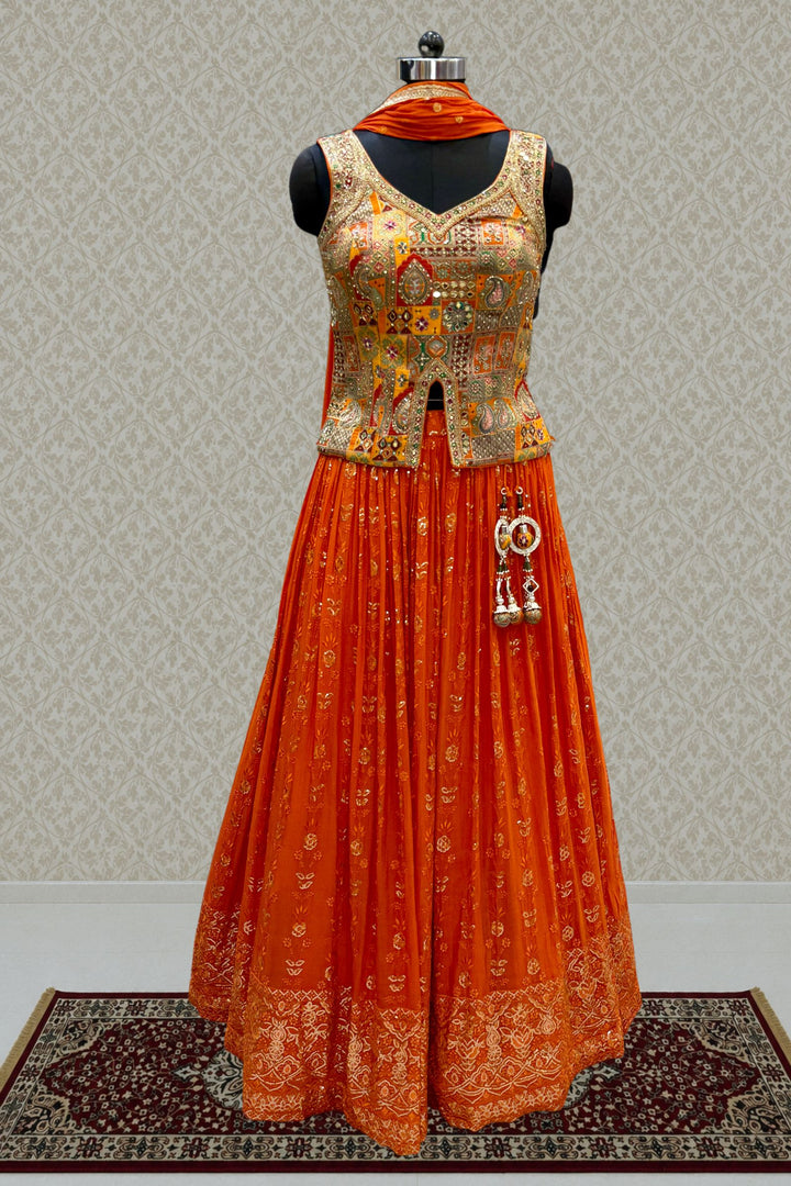 Orange Zardozi, Beads, Mirror, Stone, Zari and Beads work Peplum Style Lehenga