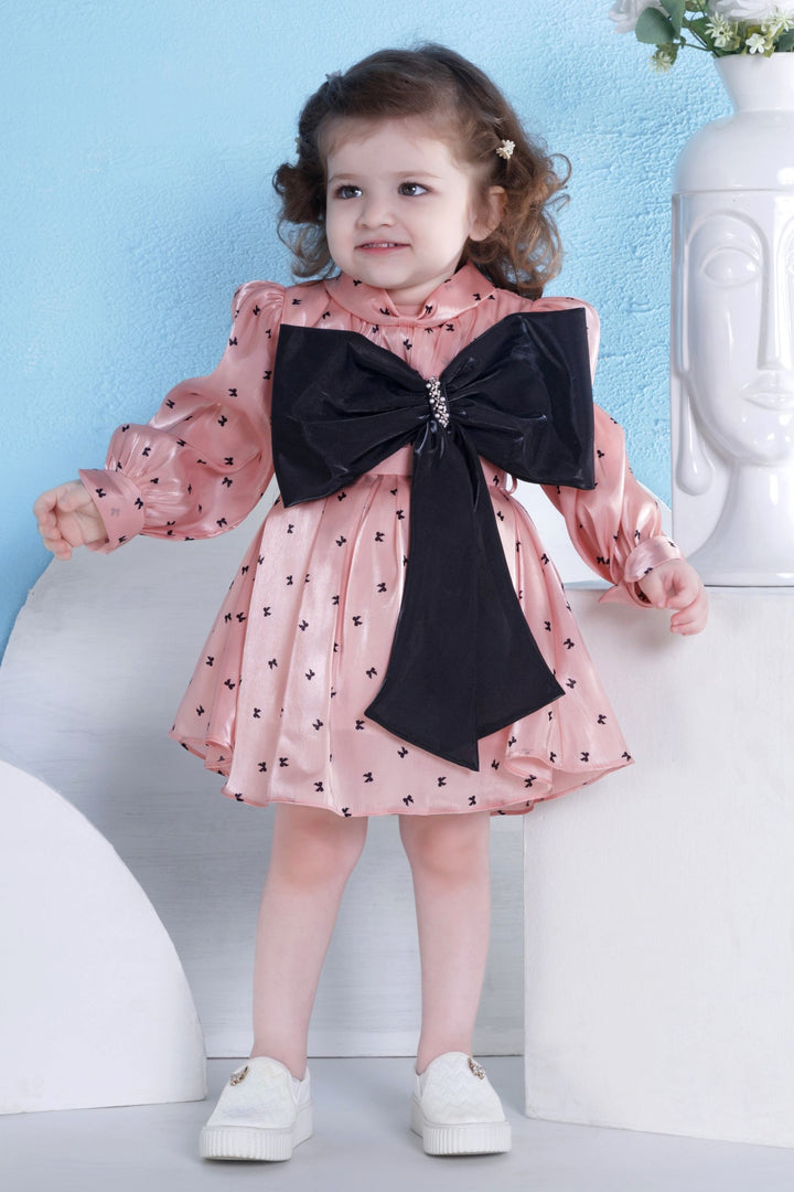 Peach with Black Printed Partywear Short Frock for Girls