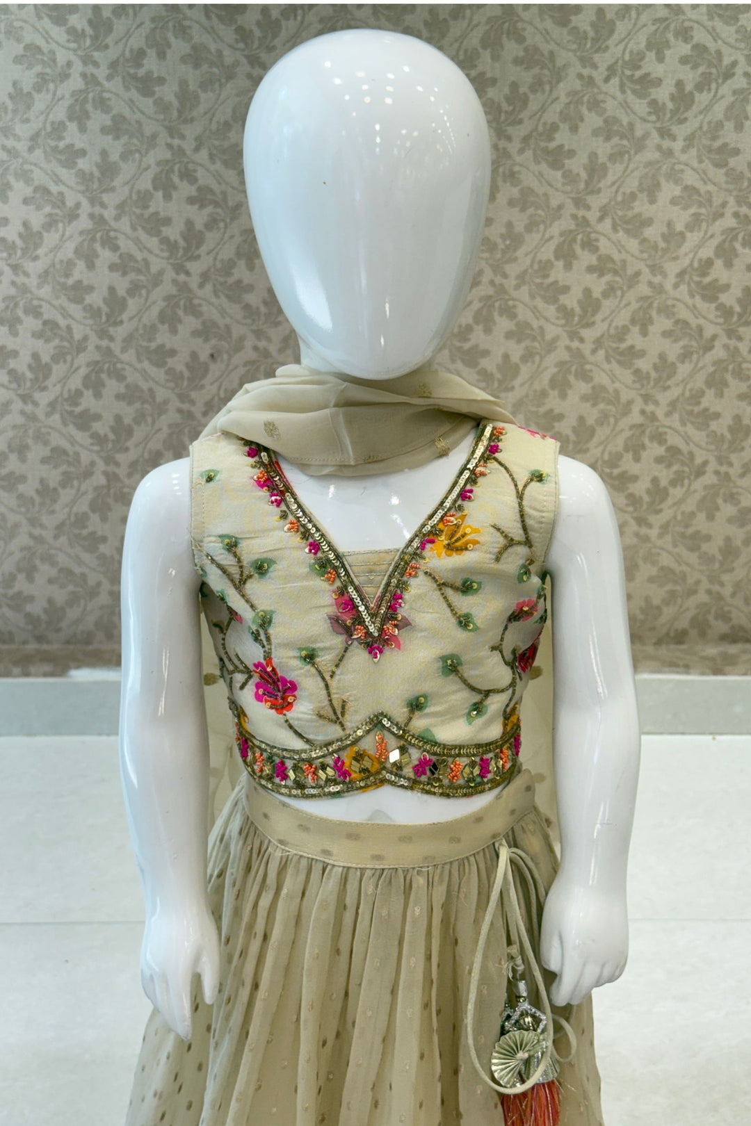 Cream Beads, Sequins, Mirror and Embroidery work Lehenga Choli for Girls