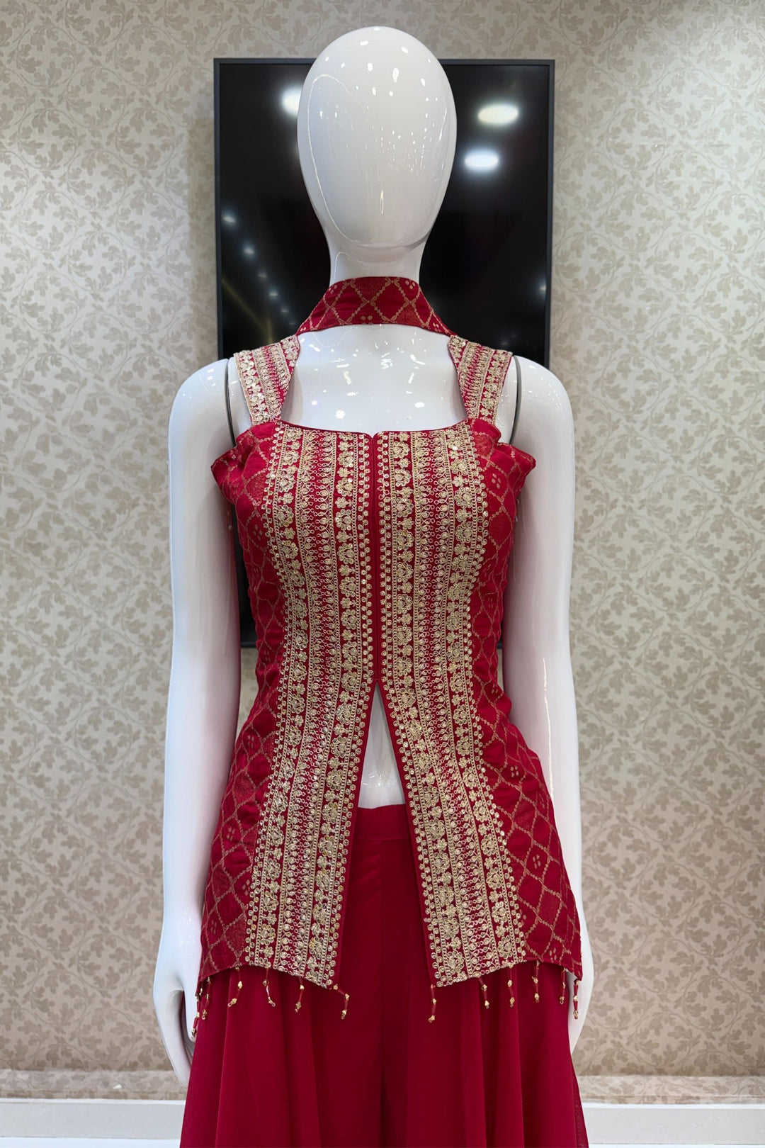 Rani Pink Banaras Zari, Sequins and Zari Thread work Palazzo Suit Set