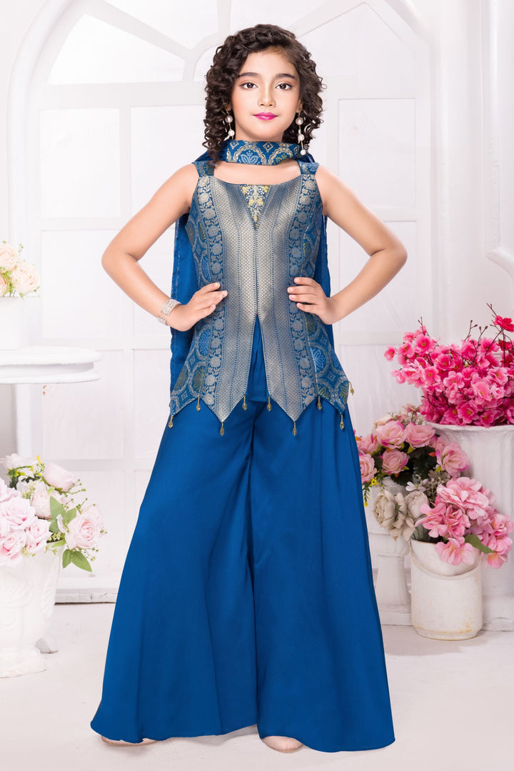 Peacock Blue Zari and Stone work Palazzo Suit Set for Girls