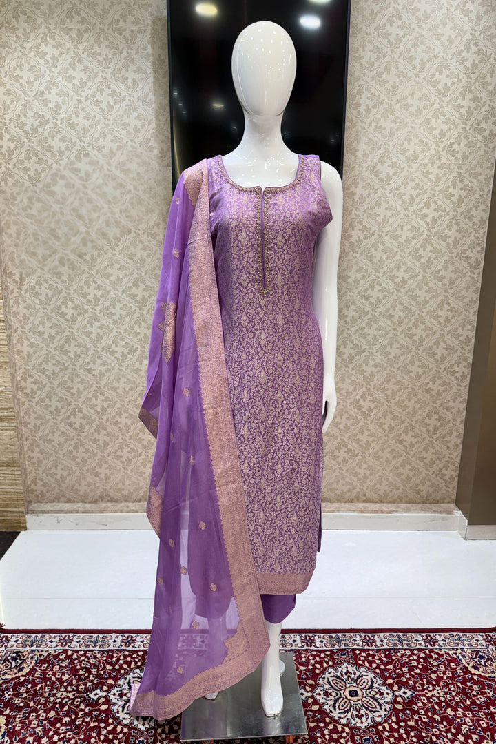 Lavender Zardozi, Stone, Thread and Brocade work Straight Cut Salwar Suit