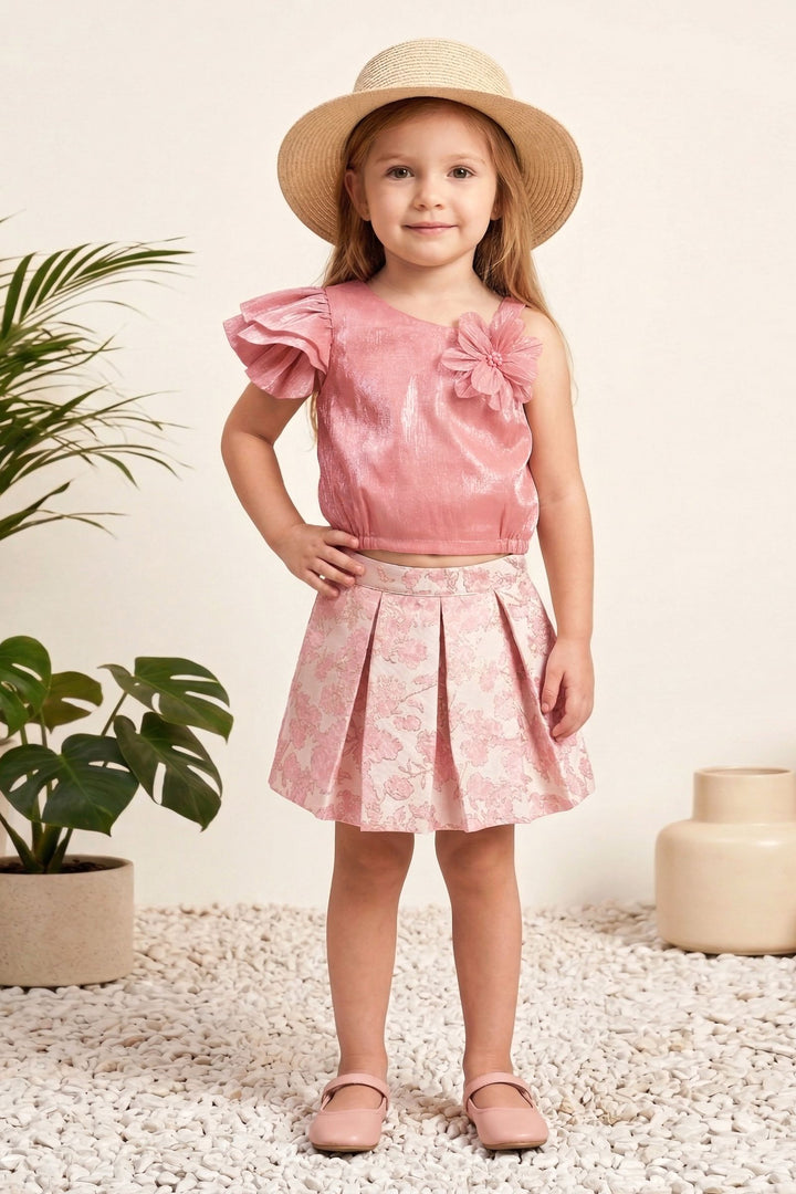 Peach Top and Cream Zari work with Digital Print Skirt for Girls