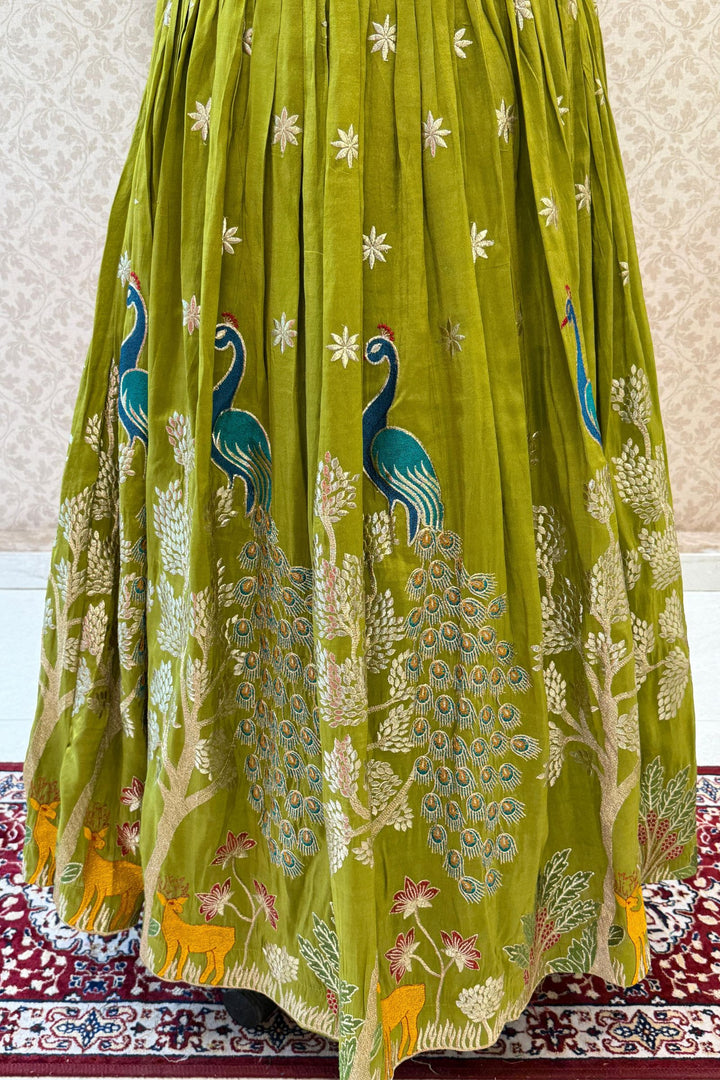 Mehendi Green Zari, Zardozi, Mirror, Stone and Multicolor Embroidery work Crop Top Lehenga
