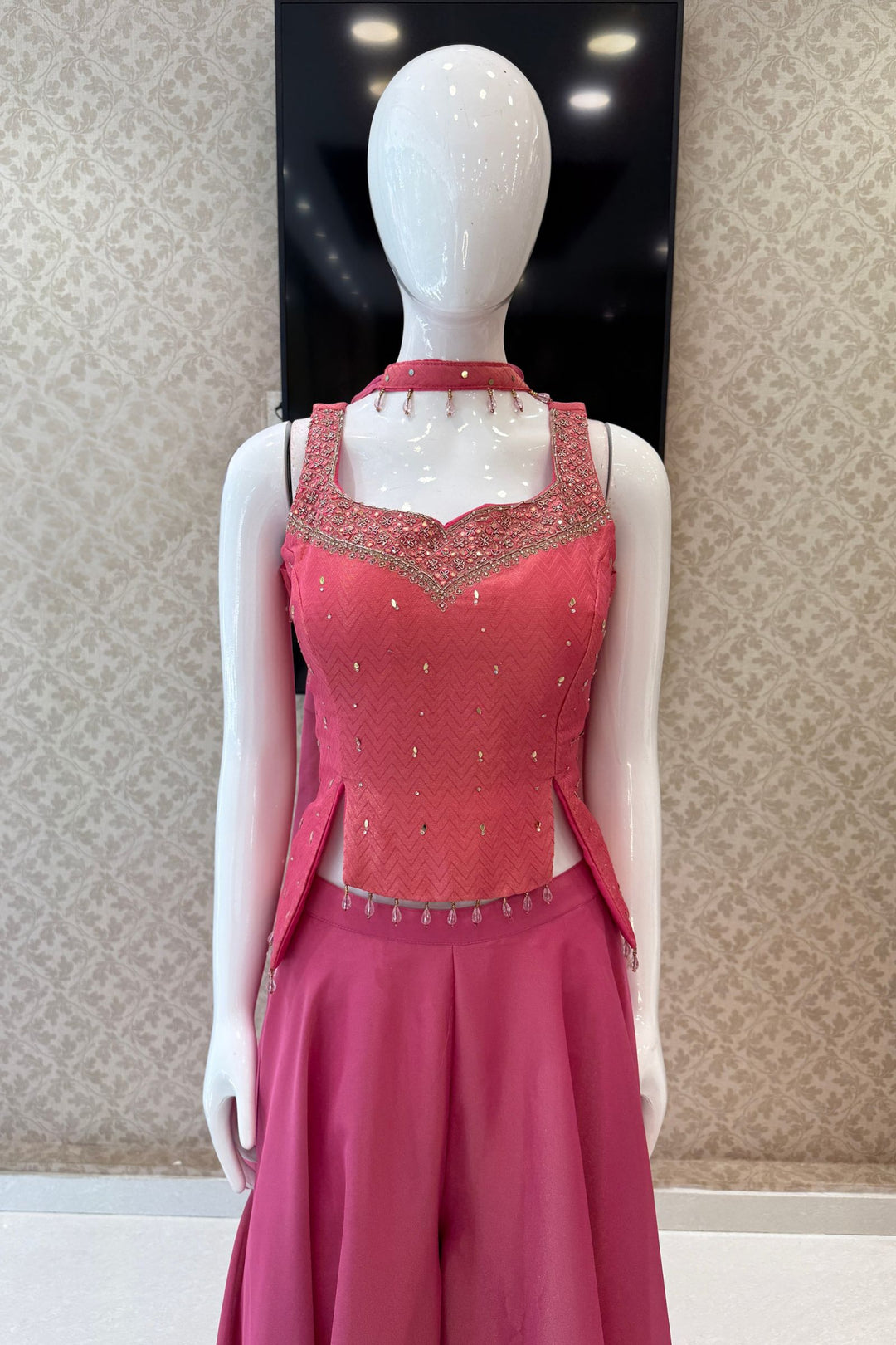 Lotus Pink Banaras, Stone, Mirror and Beads work Palazzo Suit Set
