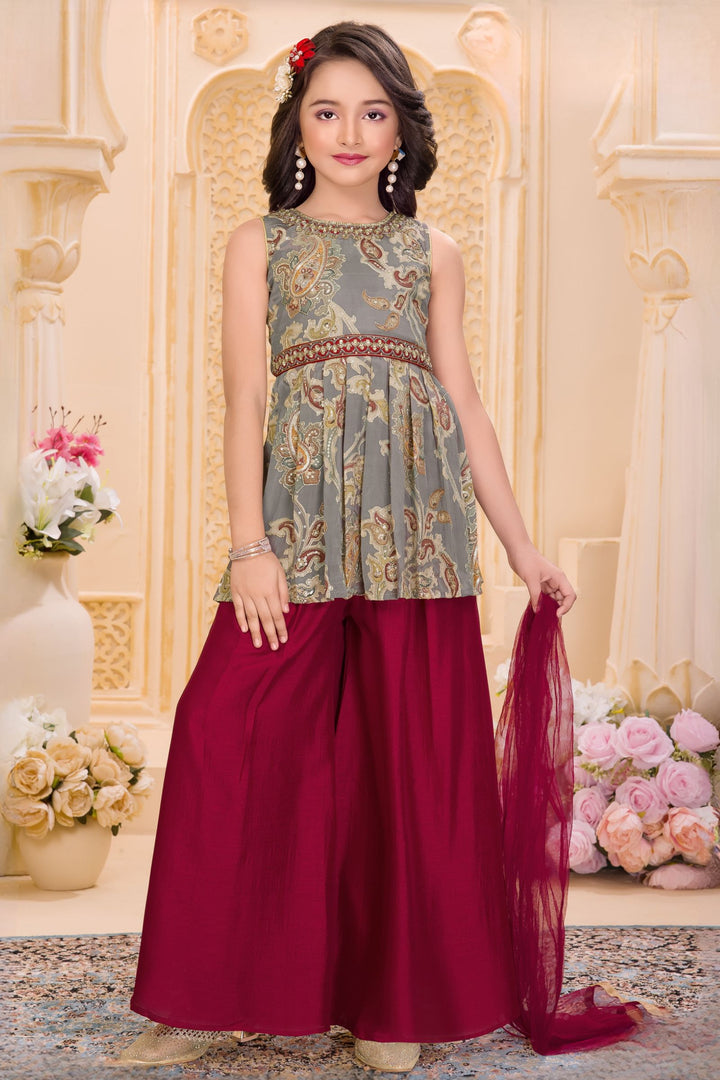 Grey with Maroon Zari, Sequins and Beads work with Digital Print Palazzo Suit Set for Girls