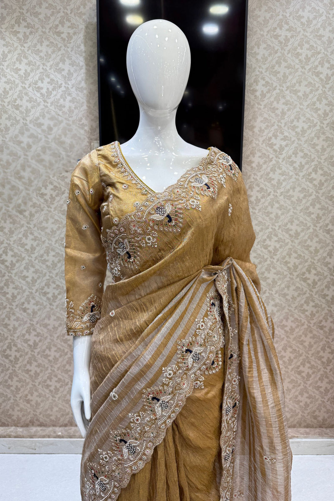 Gold Beads, Sequins, Zari and Thread work Saree