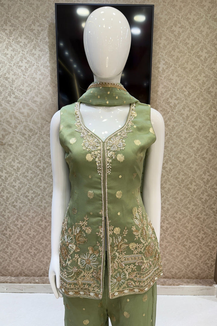 Pista Green Beads, Banaras, Sequins, Stone, and Thread work Salwar with Palazzo Pant