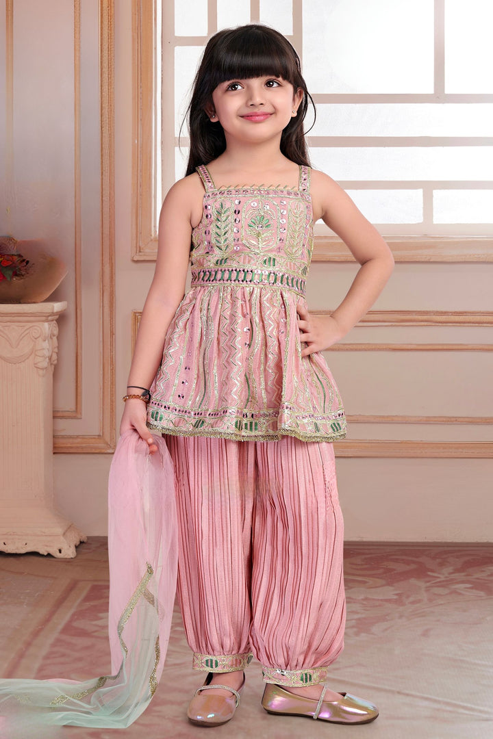 Baby Pink Sequins, Thread and Zari work Joggers Set for Girls