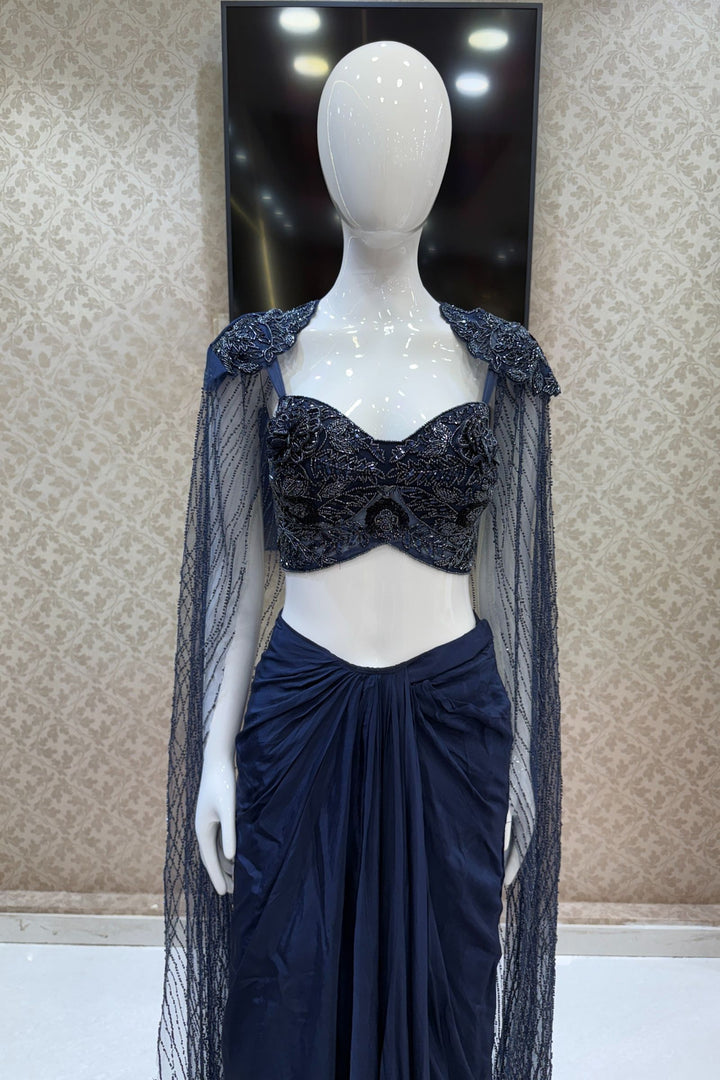 Navy Blue Indo-Western Styled Beads and Sequins work Crop Top and Cowl Skirt