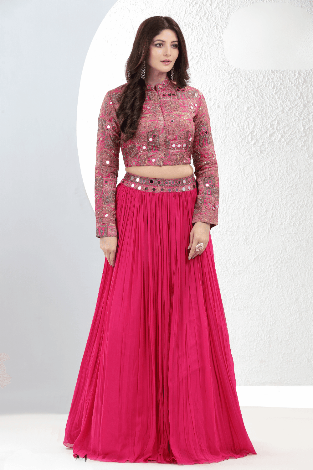 Pink Digital Print, Mirror and Beads work Overcoat Styled Crop Top Lehenga - Seasons Chennai