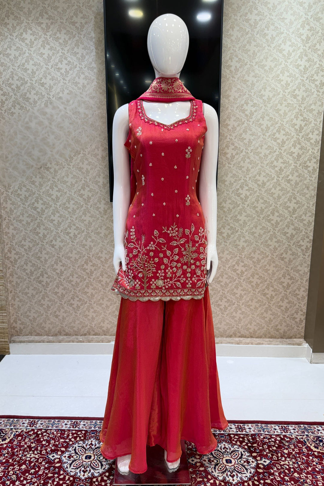 Tomato Red Beads, Sequins, Zari and Mirror work Palazzo Salwar Suit