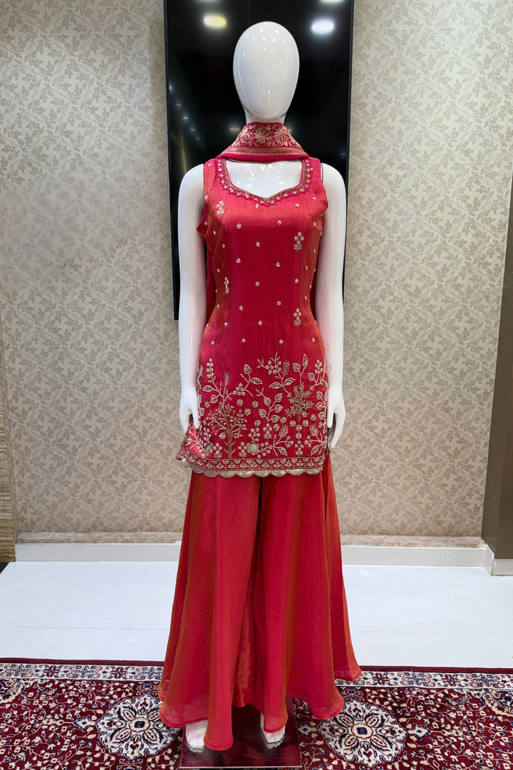 Tomato Red Beads, Sequins, Zari and Mirror work Palazzo Salwar Suit