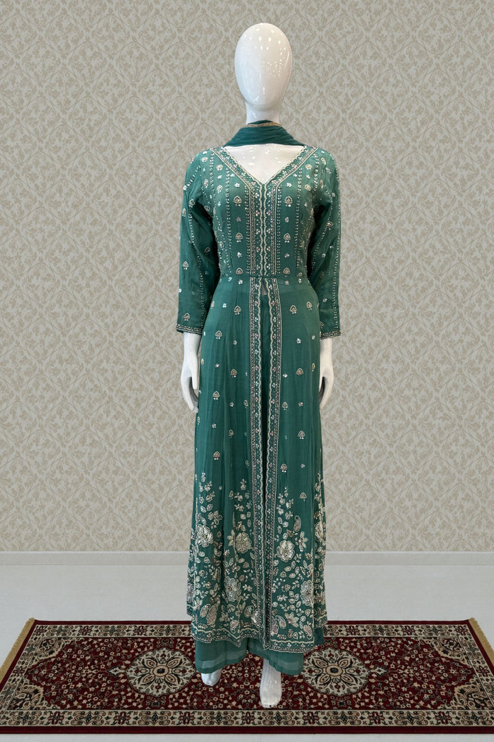 Sea Green Beads, Sequins and Thread work Long Top with Straight Pant