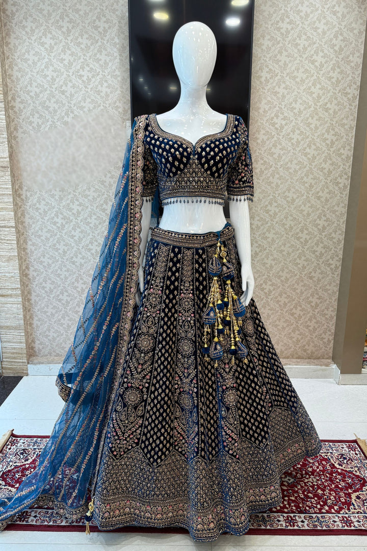 Peacock Blue Zardozi, Beads and Embroidery work Crop Top Designer Bridal Lehenga