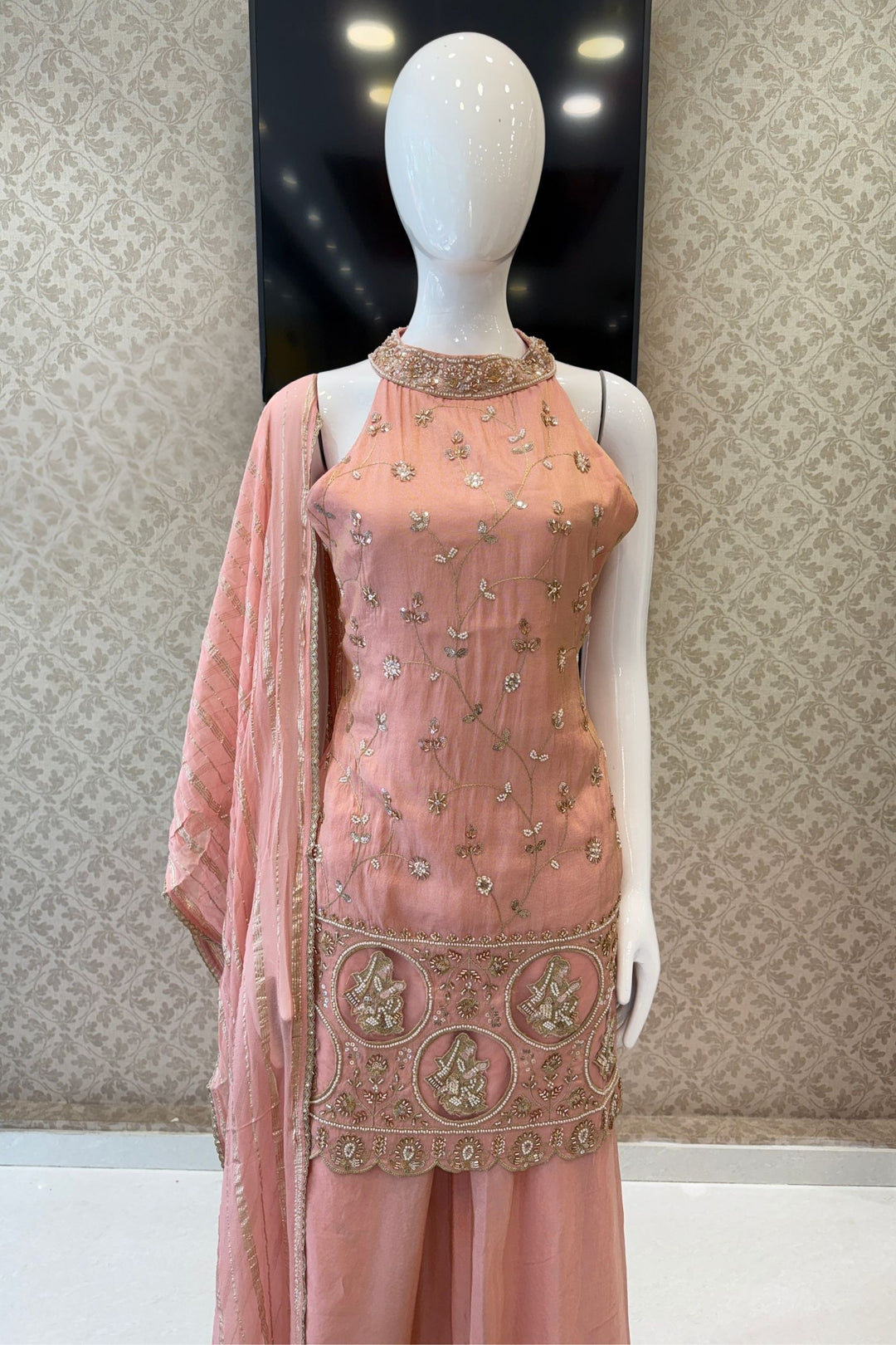 Peach Zari, Sequins and Beads work Palazzo Salwar Suit