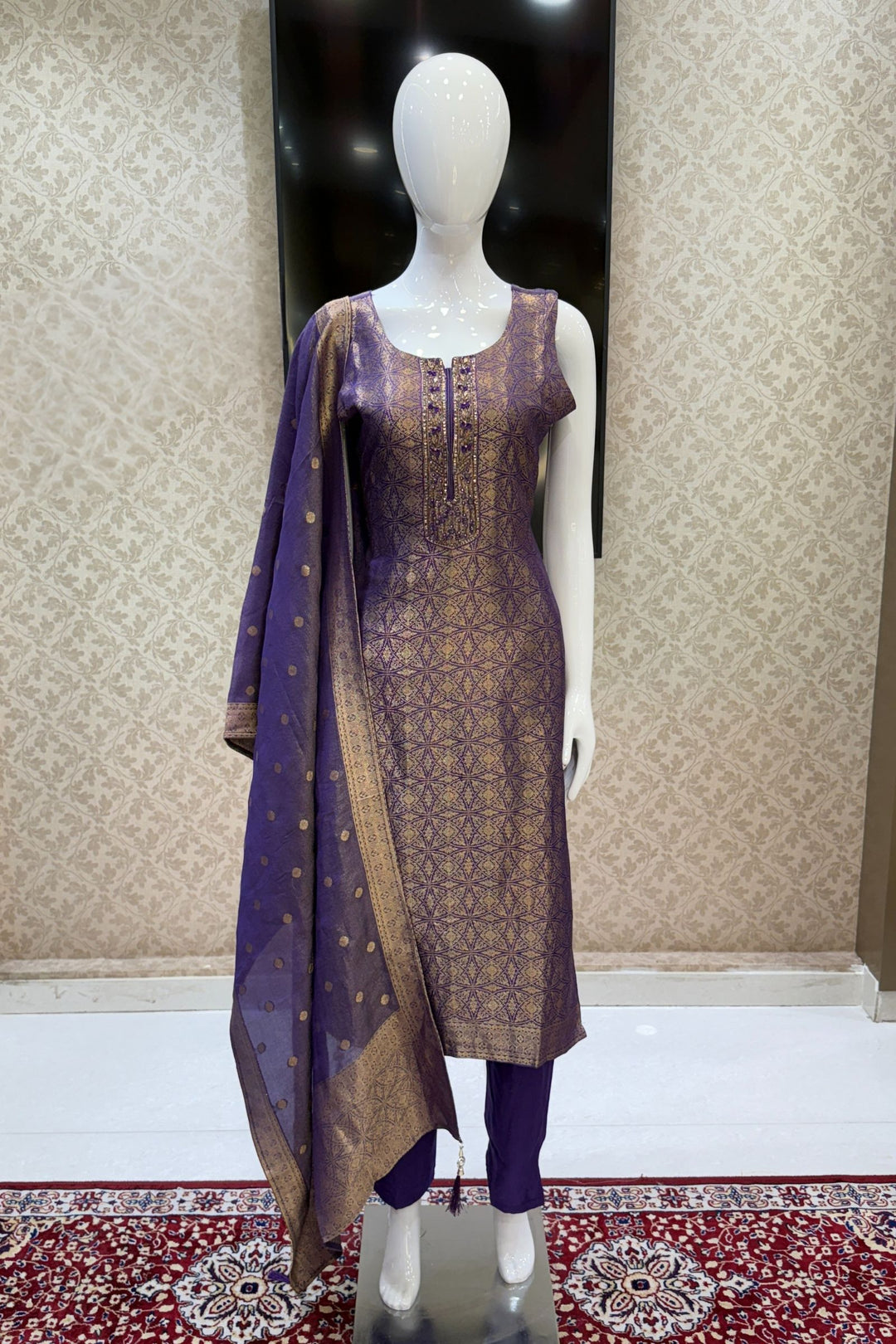 Purple Zardozi, Stone, Beads, Sequins and Brocade work Straight Cut Salwar Suit