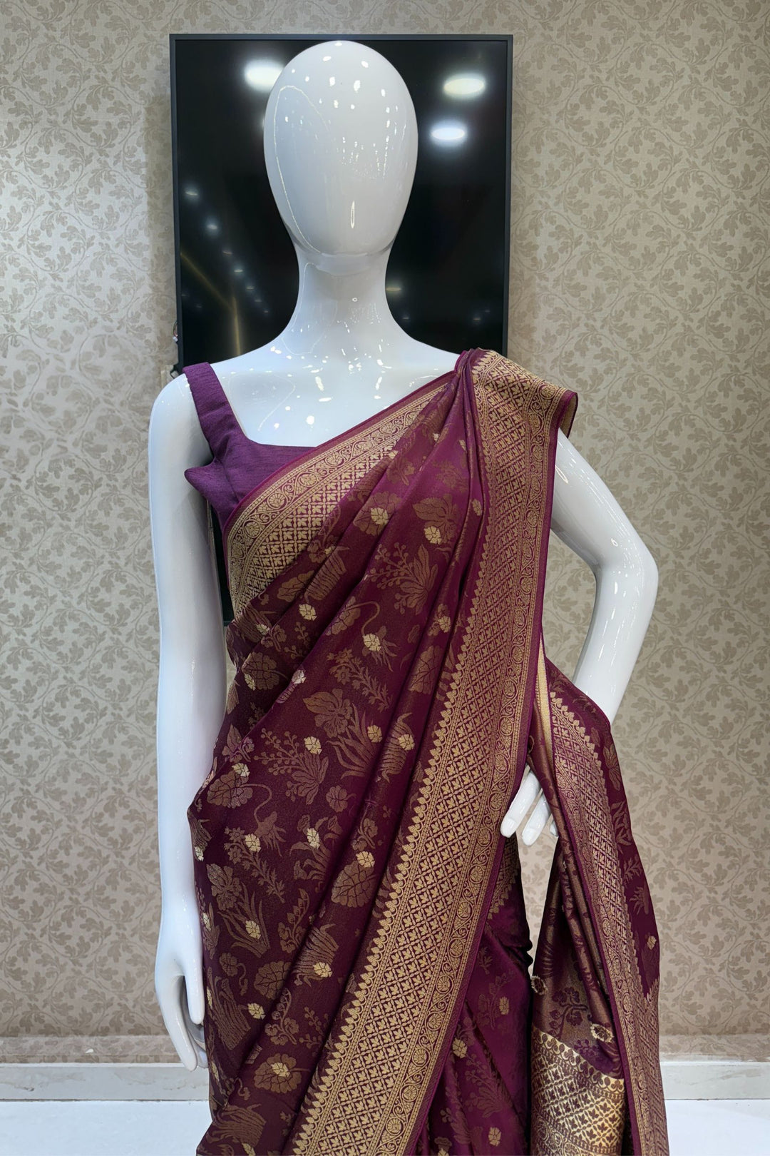 Wine Banaras Zari work Saree