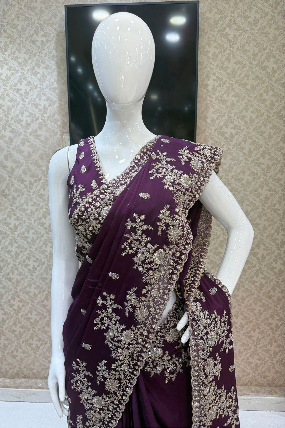 Purple Zari and Sequins work Saree