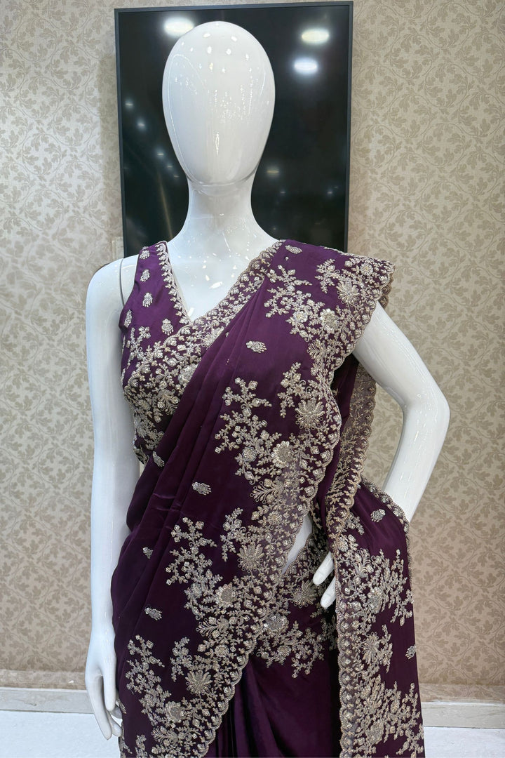Purple Zari and Sequins work Saree