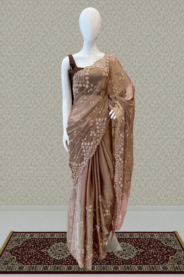 Dark Chiku Saree with Intricate Sequin &amp; Beaded Embroidery and Scalloped Border