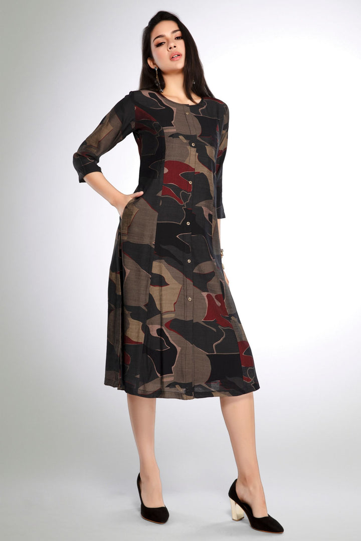 Black with Multicolor Digital Print A-line Cut Calf Length Kurti