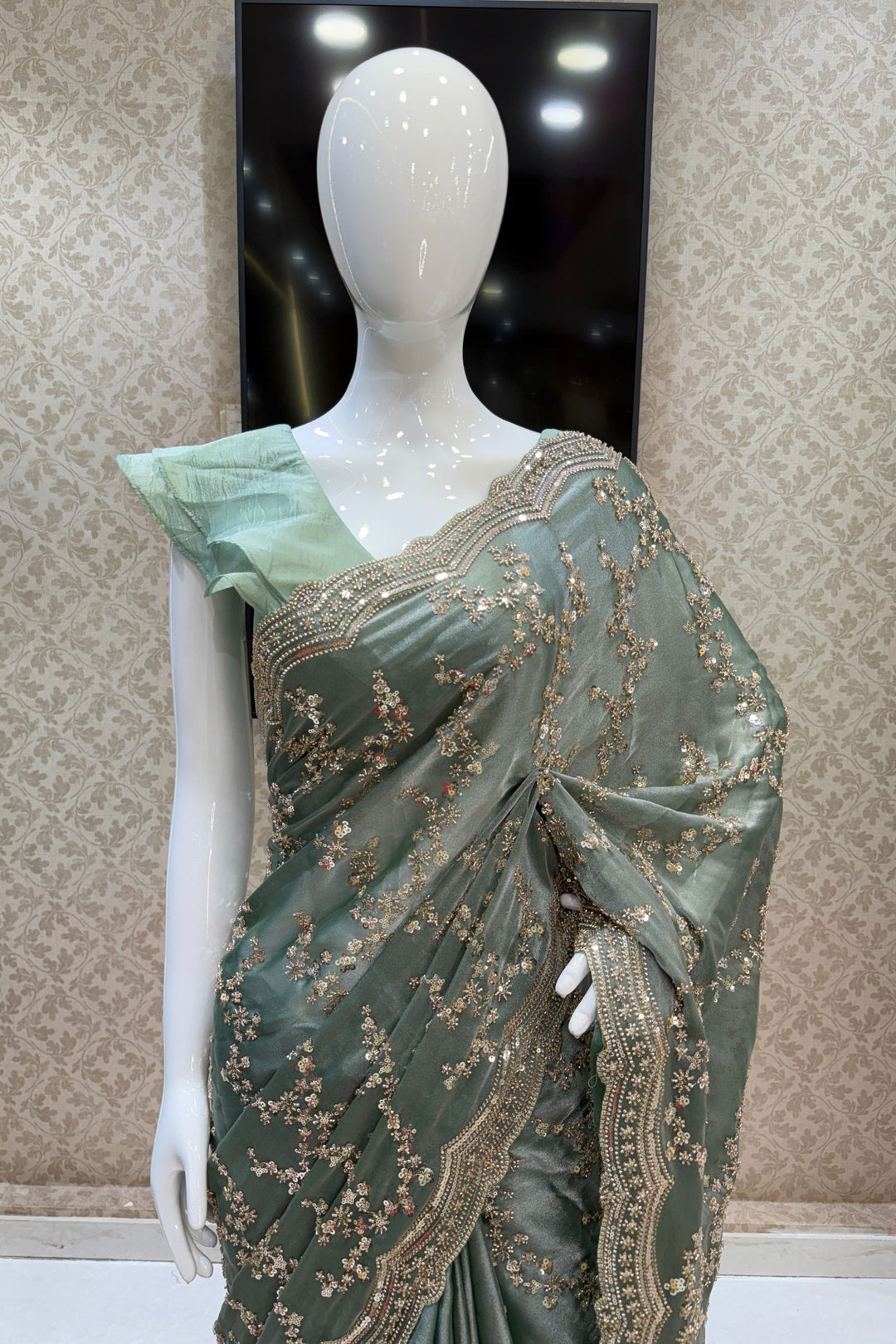 Sea Green Beads, Zari and Sequins work Saree