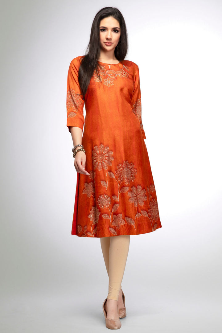 Orange Thread, Beads and Stone work with Floral Print Calf Length Kurti