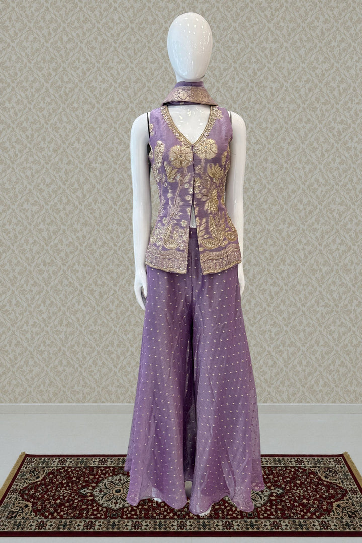 Lavender Palazzo Salwar Suit with Banaras, Mirror, Zari, Sequins and Stone Detailing