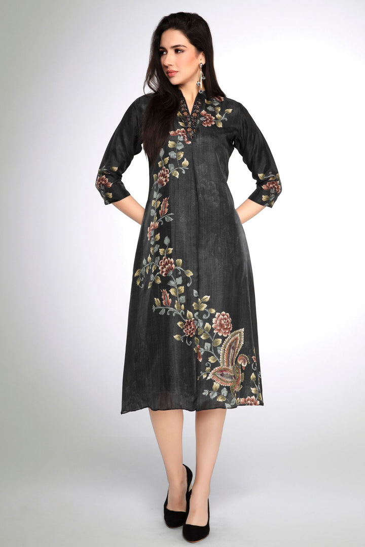 Black Zardozi, Beads, Stone and Sequins work with Floral Print A-line Cut Calf Length Kurti