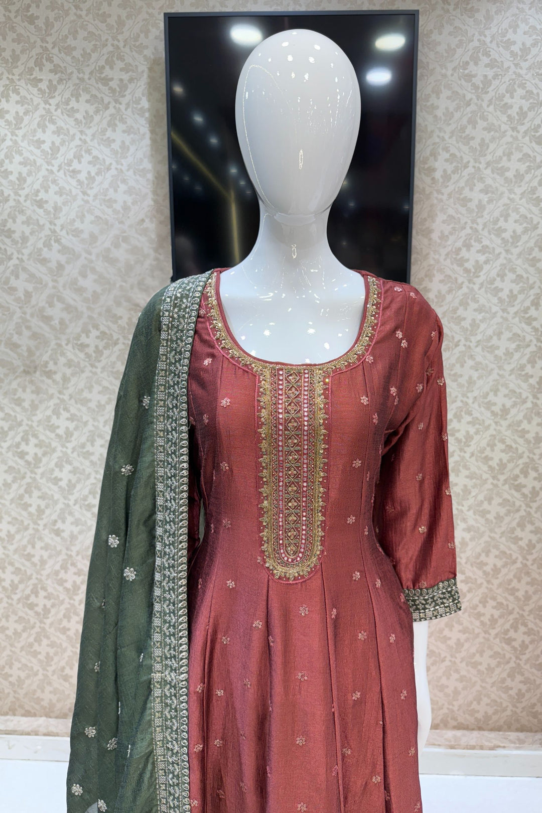 Woodrose Pink Beads, Zardozi, Thread, Sequins, Stone and Zari work A-line Cut Salwar Suit