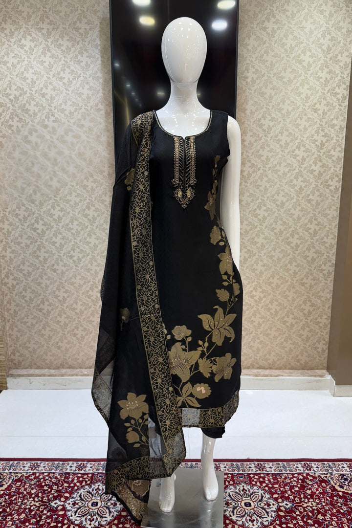 Black Jacquard, Zari, Sequins, Beads and Zardozi work Straight Cut Salwar Suit