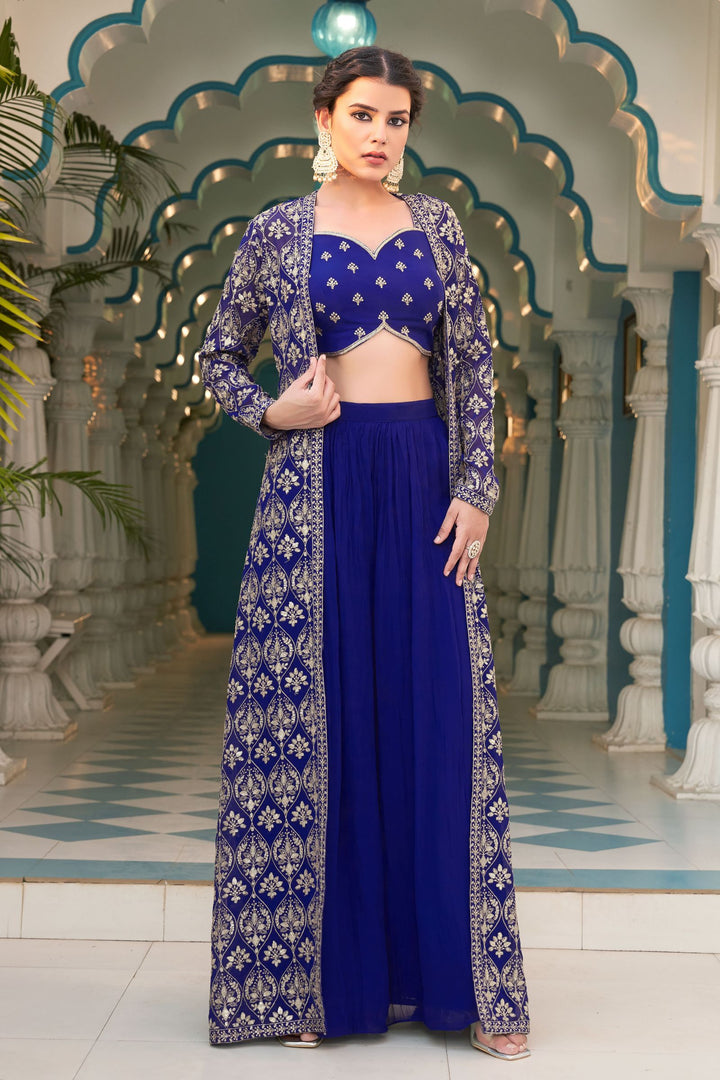 Royal Blue Sequins and Zari work Crop Top with Long Over Coat Palazzo Set