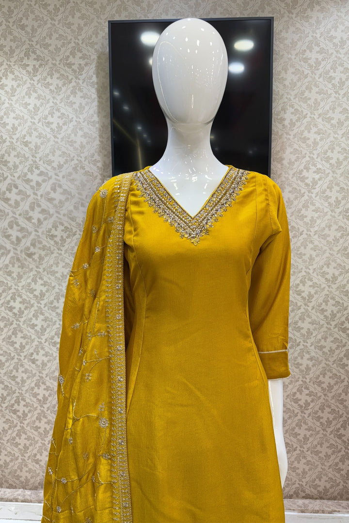 Mustard Beads, Pearl, Zardozi, Stone, Zari and Sequins work A-line Cut Salwar Suit
