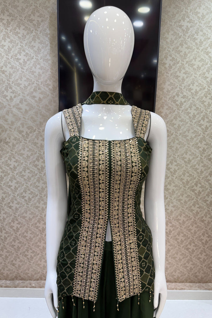 Bottle Green Banaras Zari, Sequins and Zari Thread work Palazzo Suit Set