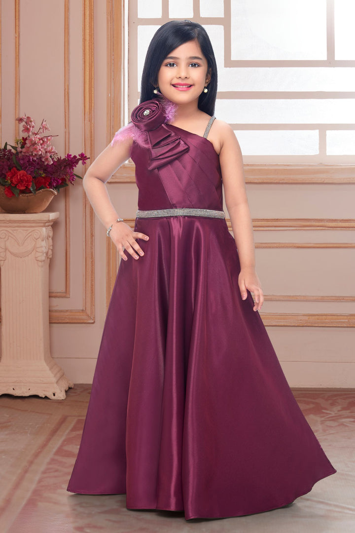 Wine Stone work Long Party Frock for Girls