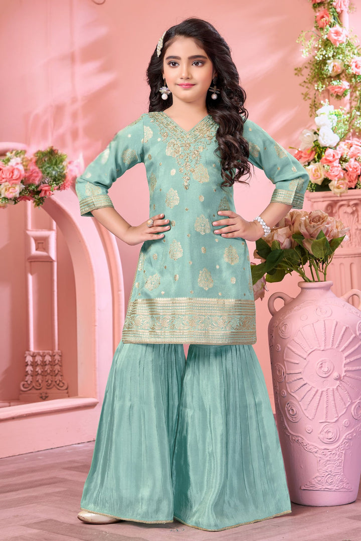 Sea Blue  Brocade, Zardozi, Beads and Sequins work Sharara Suit Set for Girls