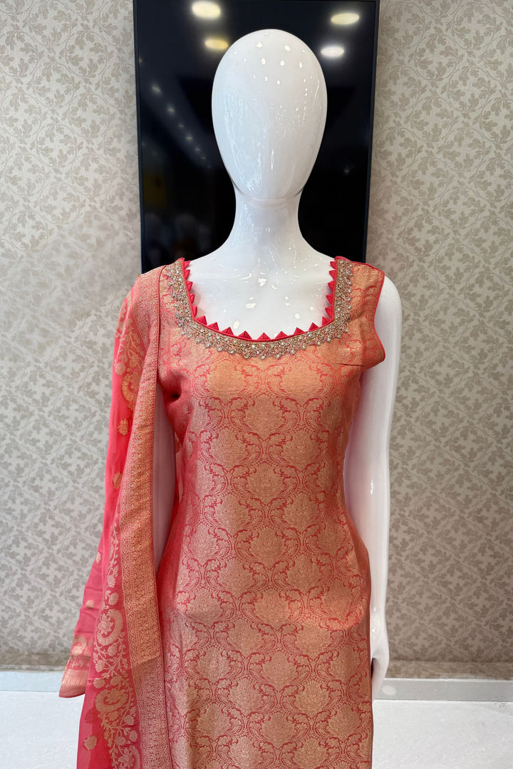 Peach Beads, Mirror, Stone, Banaras and Brocade work Straight Cut Salwar Suit