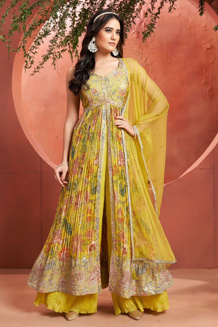 Green Sequins and Zari work with Digital Print Salwar Suit with Palazzo Pants