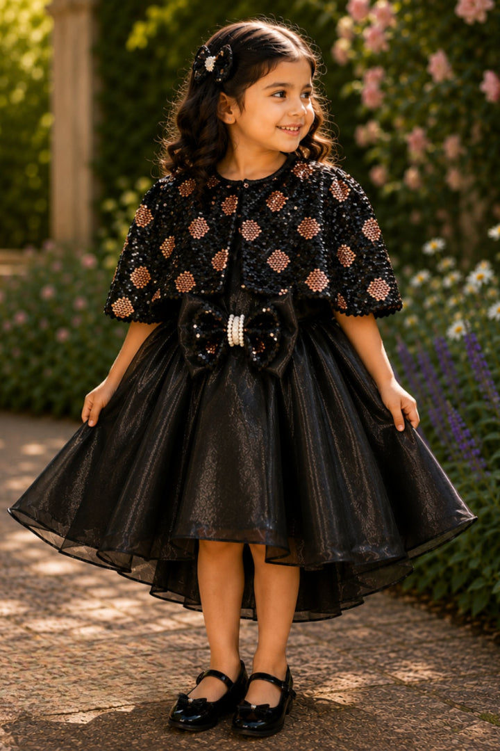 Black Sequins work Poncho Styled Short Partywear Frock for Girls