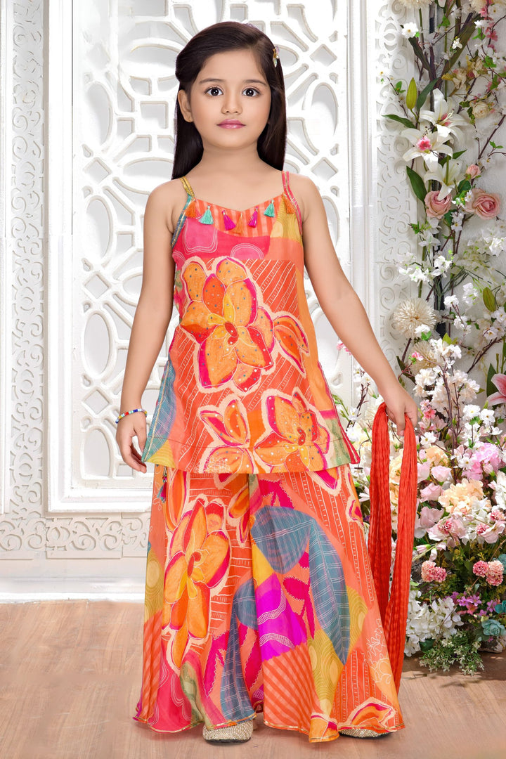 Orange Sequins work with Multicolor Digital Print Palazzo Set For Girls