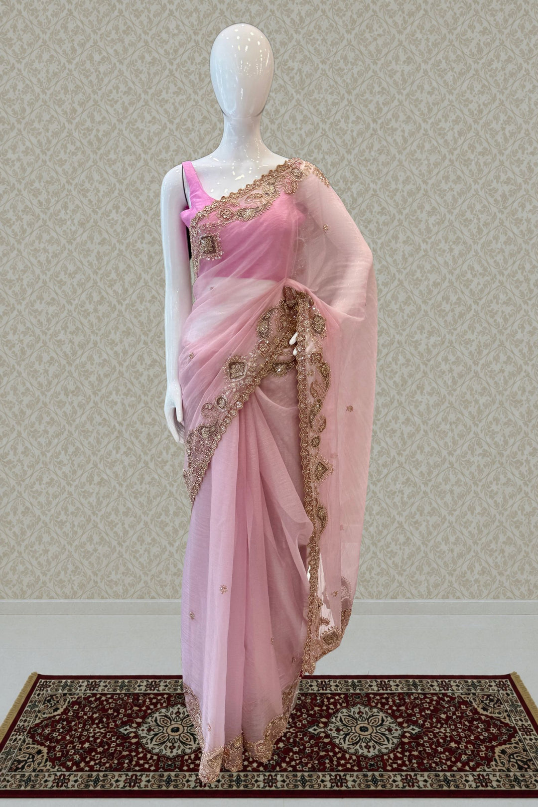 Pink Saree with Intricate Zari, Sequin and Beaded Embroidered Border
